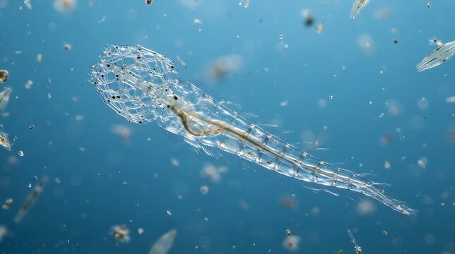 Transparent Crustacean Larva Swimming in Deep Ocean Water, Microscopic Marine Life Photography, Scientific Study of Planktonic Organisms