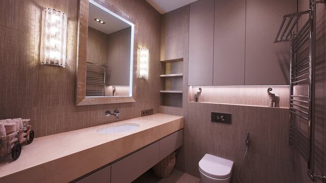 Stylish compact bathroom features beige marble countertop, textured walls, illuminated mirror, vertical sconces, and built-in storage
