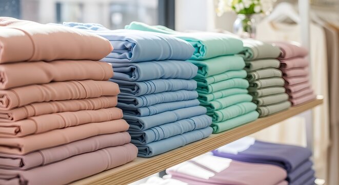Neatly folded stacks of pastelcolored clothing on a retail shelf