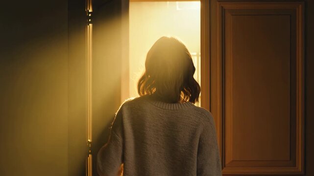 Person opens heavy curtains as glowing dust particles emerge within a sudden beam of sunlight.