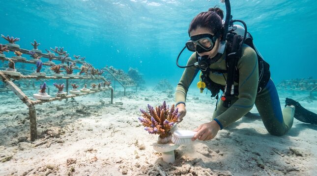 Steward maintains coral mounts on a sandy seabed