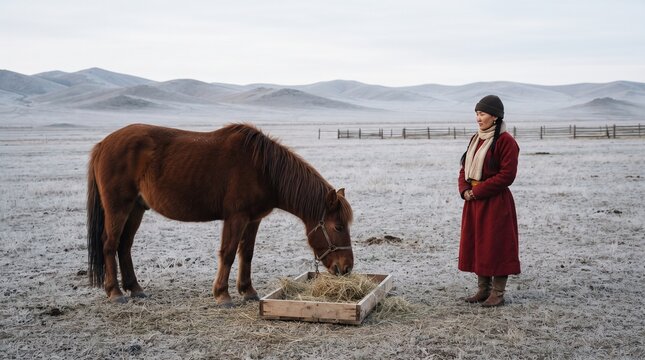 Horse rests beside a Mongolian herder at first frost