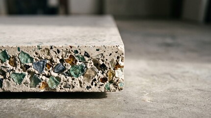 Fototapeta premium Recycled glass terrazzo slab edge in raking light