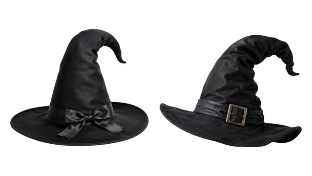 Two black pointed witch hats with ribbon bow and metal buckle, fabric costume accessories posed on a transparent background