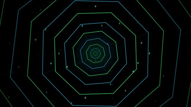 Digital data stream tunnel with abstract hexagonal glowing rings and binary code