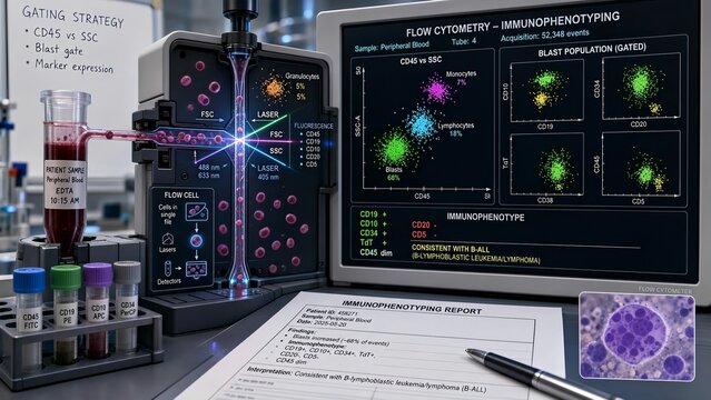 Detailed medical graphic of flow cytometry model analyzing blood cells using cd markers featuring a zoomed inset of scatter plots and lymphoma or leukemia cell immunophenotypes