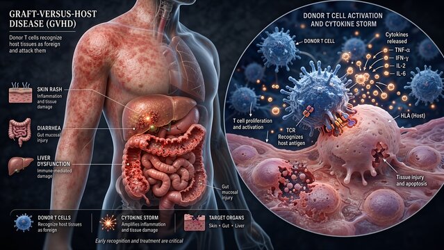Educational medical graphic depicting graft-versus-host disease in skin and gut models showing donor t cell attack on host tissues, leading to rash, diarrhea, and liver issues