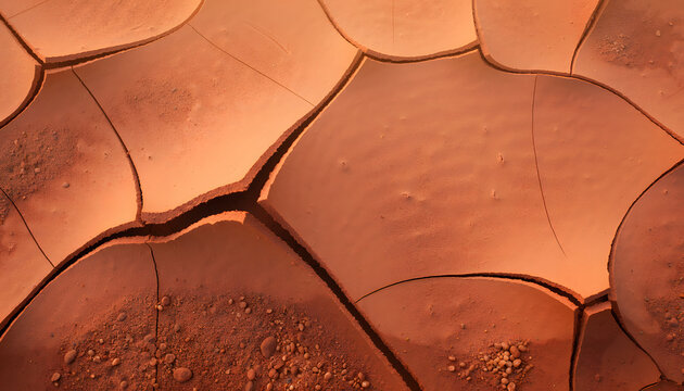 Dry cracked earth texture of red clay soil in arid desert, conceptual background representing drought and global warming