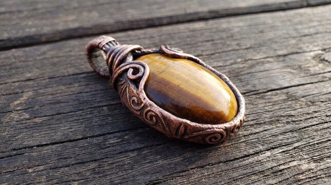 Protective Talisman, Magic amulet crafted from tiger eye stone rests on a wooden surface