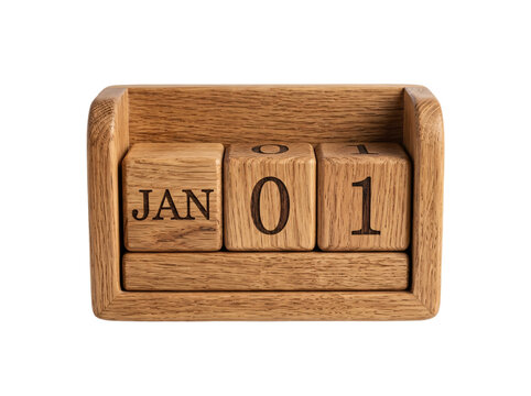Vintage wooden block perpetual calendar displaying January first date isolated on transparent background suitable for New Year celebrations and milestone concepts.