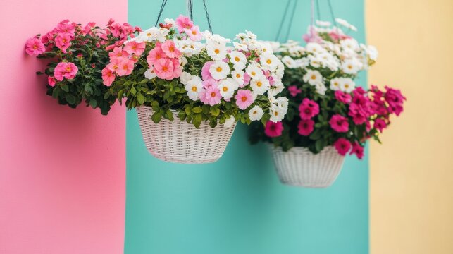 Inviting Outdoor Cafe Scene Featuring Outdoor cafe with hanging flower baskets and pastel walls str