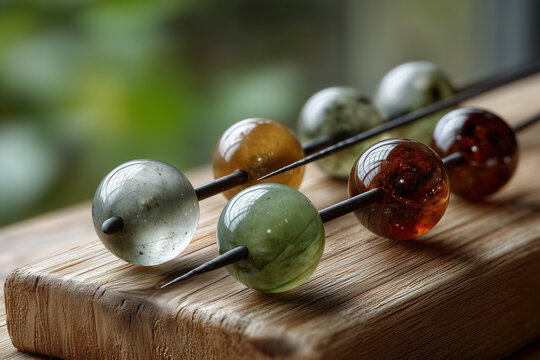 Glass bead mandrels with handmade translucent glass beads on wooden workbench by window
