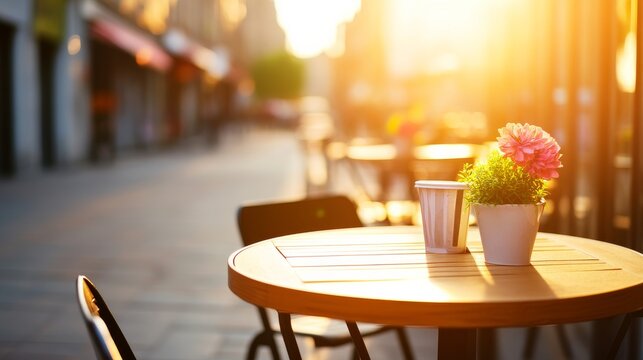 Picturesque Sidewalk Cafe Setting Showing Street cafe outdoor at golden hour with soft shadows empty se