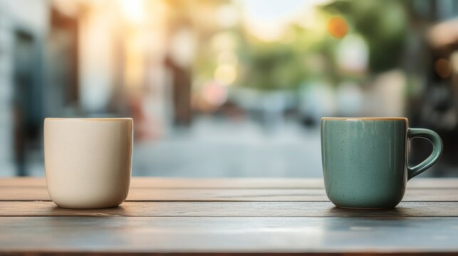Picturesque Sidewalk Cafe Setting Showing Street cafe outdoor with ceramic cups on wooden table city bl
