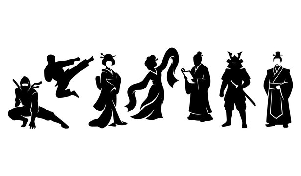 Modern Asian culture silhouette vector graphics with stylized ninja geisha and kung fu shapes for logo design