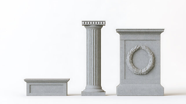 Classic stone pillars and pedestals set isolated on white background with modern minimalist aesthetic for product display and architectural design