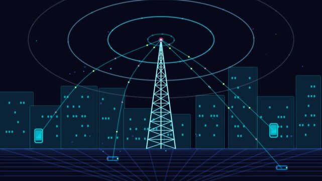 Mobile network telecommunication tower broadcasting signal to smartphones in city broadcast tower cellular network data transmission wireless technology city skyline