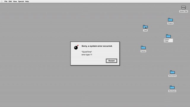 Procedural 4K motion graphics of a classic late 90s Mac OS 9 desktop environment experiencing a sudden system error bomb crash, featuring a moving mouse cursor that freezes upon crash.