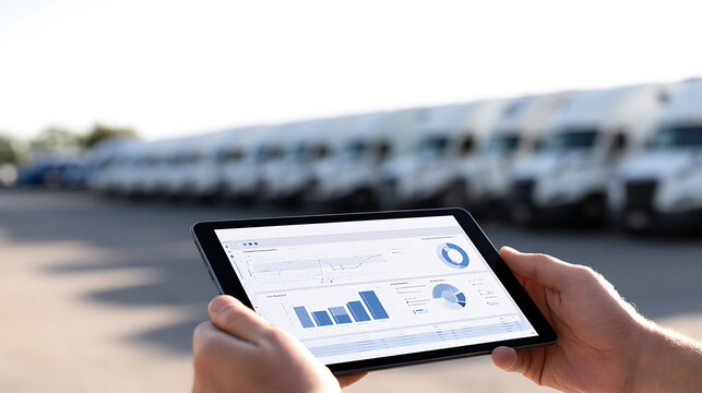 A business person hold modern digital tablet with business analytics chart interface dashboard screen in front of a row of delivery trucks