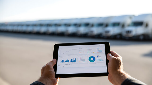 Logistics manager inspect fleet status with digital tablet display inventory analytics report and supply chain transport data metrics overview