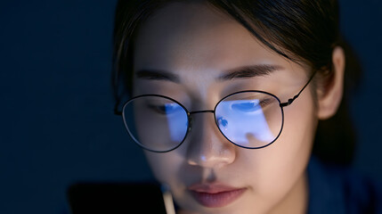 Fototapeta premium Young woman wear round glasses in dark room look at smartphone screen reflection light on face late night work communication connect internet