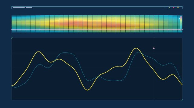Futuristic hud interface with audio waveform frequency analyzer and wave graph on dark blue background sound wave data visualization audio spectrum UI design technology