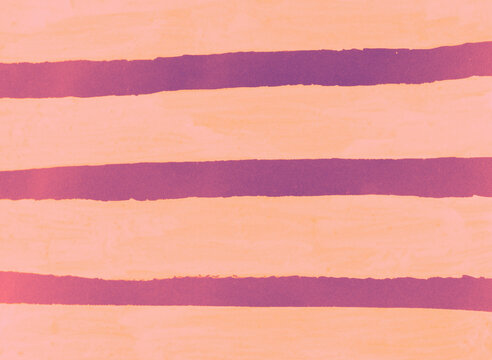 Abstract background with hand drawn purple horizontal paint brush strokes over pastel peach background.