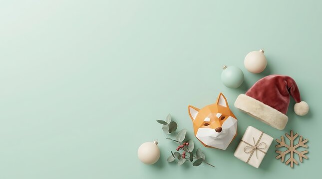 Christmas Shiba Inu fox wearing Santa hat with gift box and baubles on mint green background with copy space for winter holiday greeting and festive New Year card