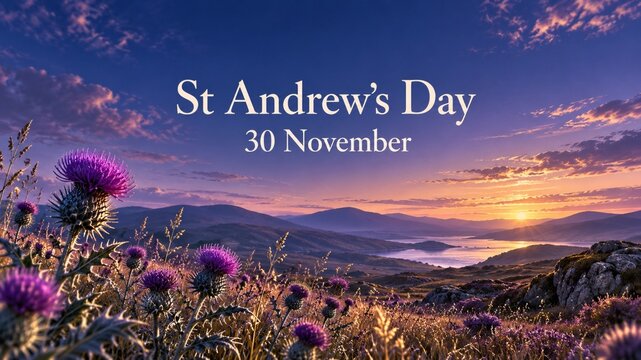 St Andrews Day 30 November background with scottish highlands sunset landscape and purple thistle field under dramatic sky