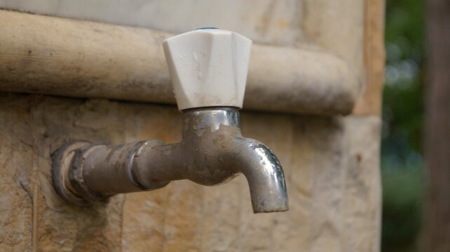 Weathered metal faucet with a white handle protrudes from an old stone drinking fountain. Aged public water fixture represents everyday utility, durability and traditional infrastructure