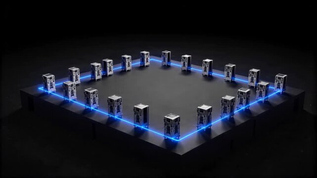 Blue perimeter illuminating around digital server towers