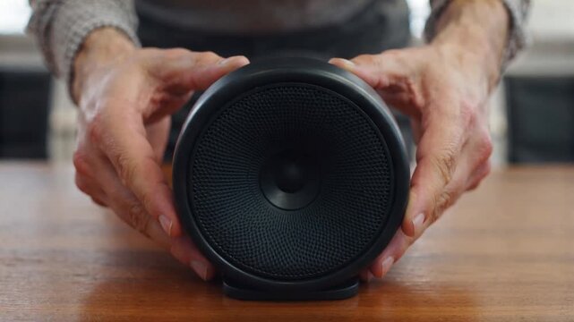 Hands placing a conference speaker on a table