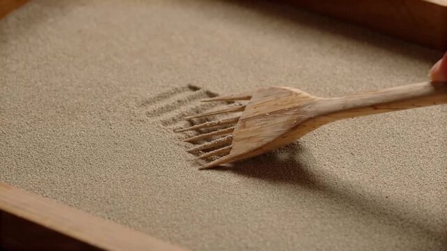 Miniature rake drawing grooves in a sand tray
