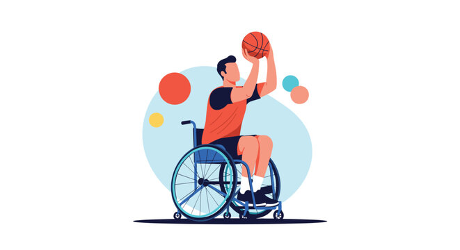 Inspiring disabled male athlete in a wheelchair playing basketball and preparing to shoot the ball.