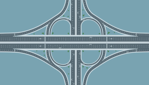 An overhead vector map illustration of a complex multi-level highway interchange with roads, cloverleaf loops, and traffic lanes.