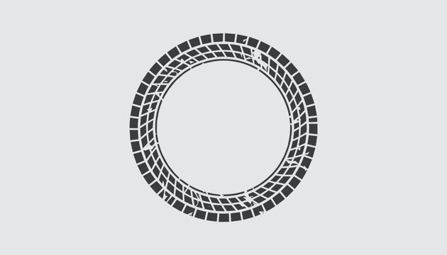 A distressed gray tire tread circular frame with grunge texture on a light gray background for automotive design concepts.