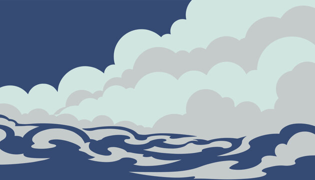 A stylized vector illustration of fluffy grey and white clouds rolling over dark blue ocean waves in a vintage anime art style.