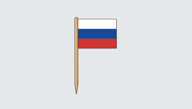 A toothpick flag featuring the Russian national tricolor of white, blue, and red mounted on a wooden stick.