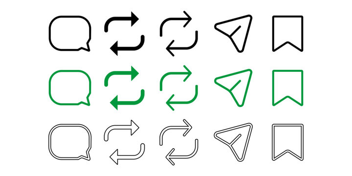 Set of social media vector icons representing comment speech bubble repost refresh arrows send paper plane and bookmark save button for online interaction application interface