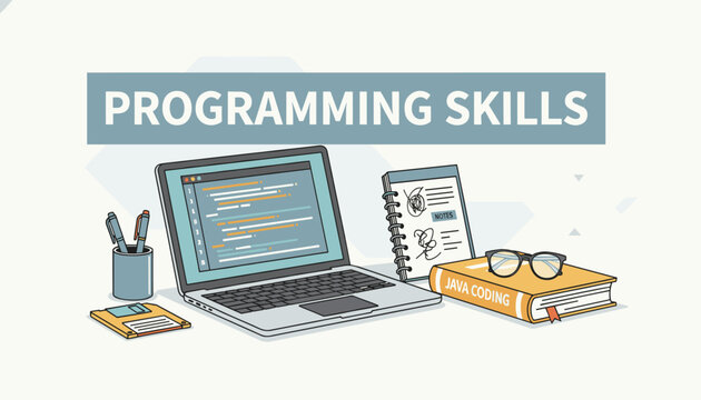 A detailed programming skills illustration showing a laptop with code on screen, a java coding book, glasses, and a notebook on a desk.