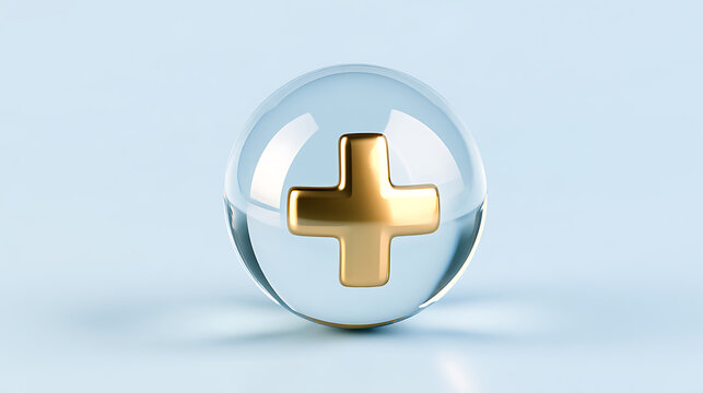 A gold plus sign symbol inside a transparent glass sphere on a clean light blue background, representing addition, value, and finance