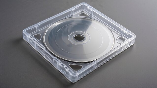 Silver compact disc in a transparent case on a gray surface