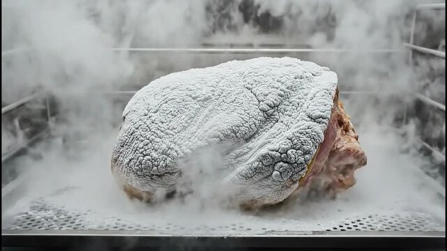Cryogenic meat steaming and frosting timelapse shows cooking process in detail.
