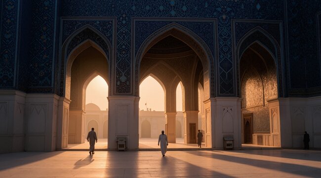 A serene image of a mosque courtyard at dawn, featuring intricate geometric tilework on the walls, arches casting soft shadows, a few worshippers walking quietly, the atmosphere peaceful and spiritual