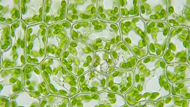 Microscopic view of plant leaf cells showcasing vivid green chloroplasts within structured walls for science study