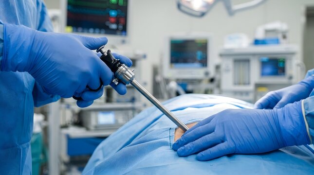 Close-up of surgeon's gloved hands using a laparoscopic instrument in a sterile theater with blurred monitors.