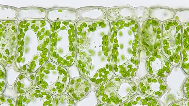 Microscopic cross section of green plant tissue showing individual cells and vibrant chloroplast structures