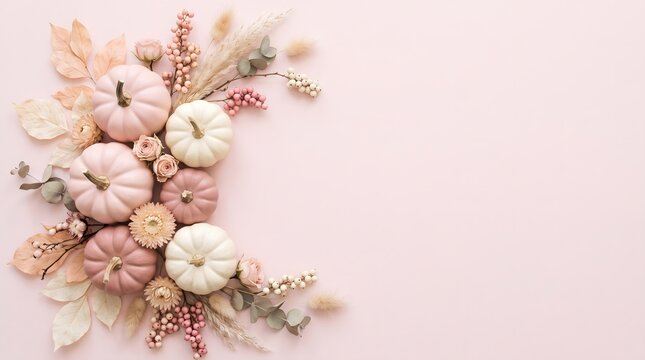 Autumn background with decorative pastel pumpkins and dried flowers on a soft pink surface
