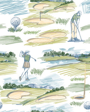 Golf sketch seamless pattern. Sports tools illustration. Hand drawn vintage style, isolated