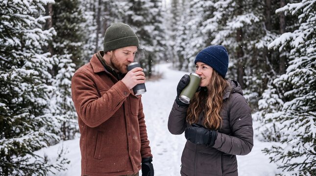 Winter mountain hike, Two hikers enjoy warm beverages on a snowy Christmas forest trail